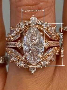 3pcs/Set Luxury Vintage Women's Ring Set with Marquise Cut Zirconia Ring for